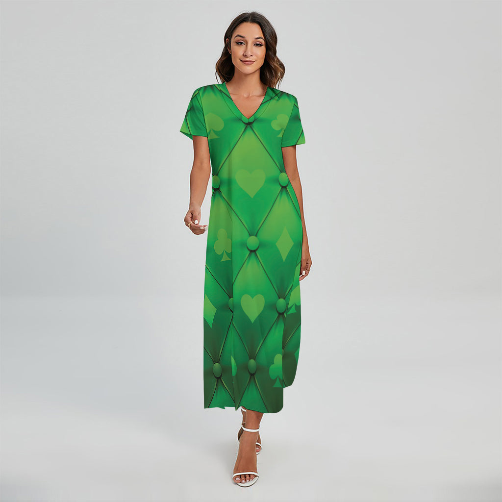 Green Playing Card Suits Pattern Print Short Sleeve Maxi Dress