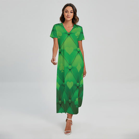 Green Playing Card Suits Pattern Print Short Sleeve Maxi Dress