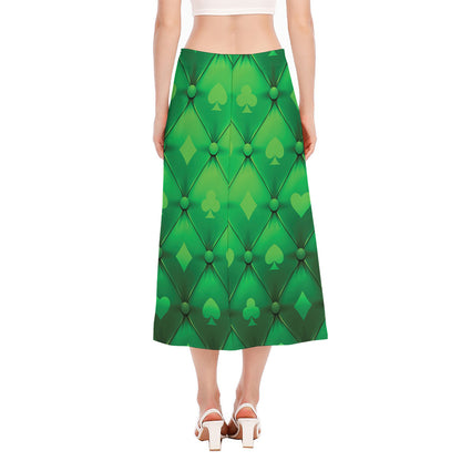 Green Playing Card Suits Pattern Print Side Slit Midi Skirt