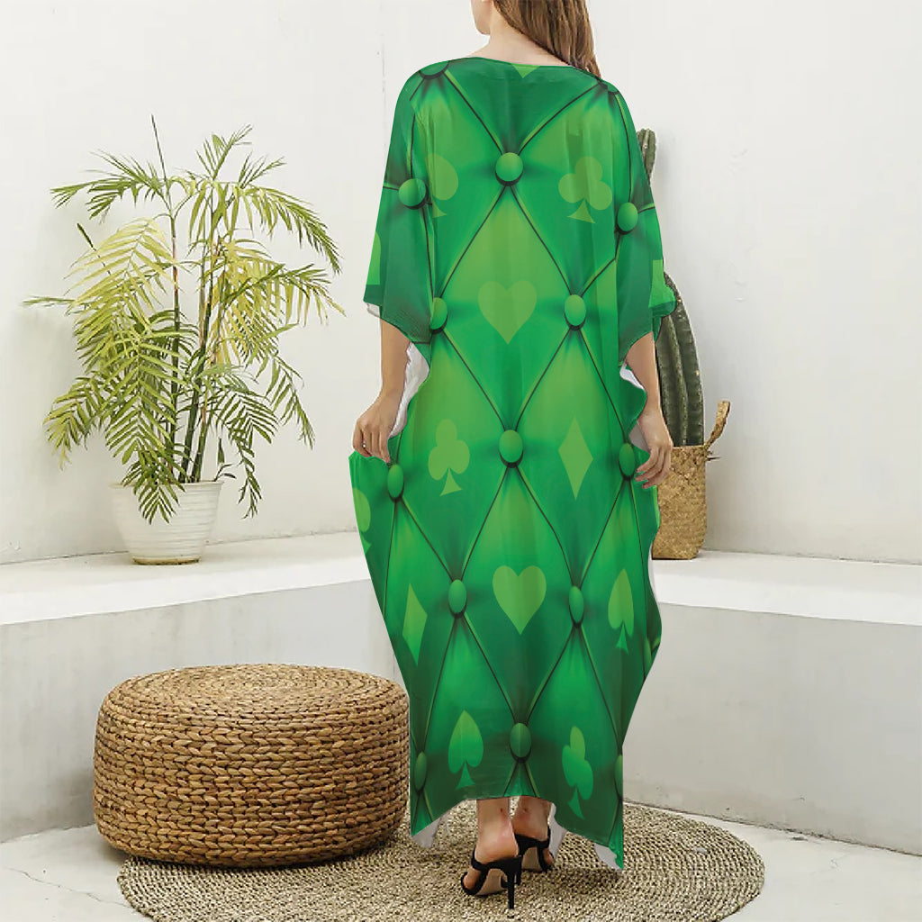 Green Playing Card Suits Pattern Print Silk V-Neck Kaftan Dress