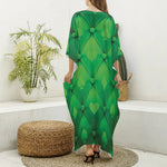 Green Playing Card Suits Pattern Print Silk V-Neck Kaftan Dress