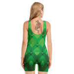 Green Playing Card Suits Pattern Print Sleeveless One Piece Swimsuit