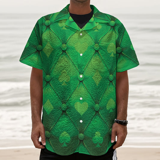 Green Playing Card Suits Pattern Print Textured Short Sleeve Shirt