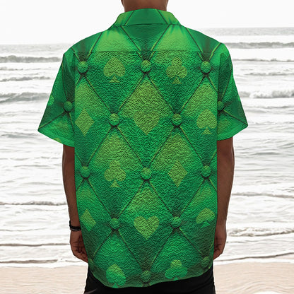 Green Playing Card Suits Pattern Print Textured Short Sleeve Shirt