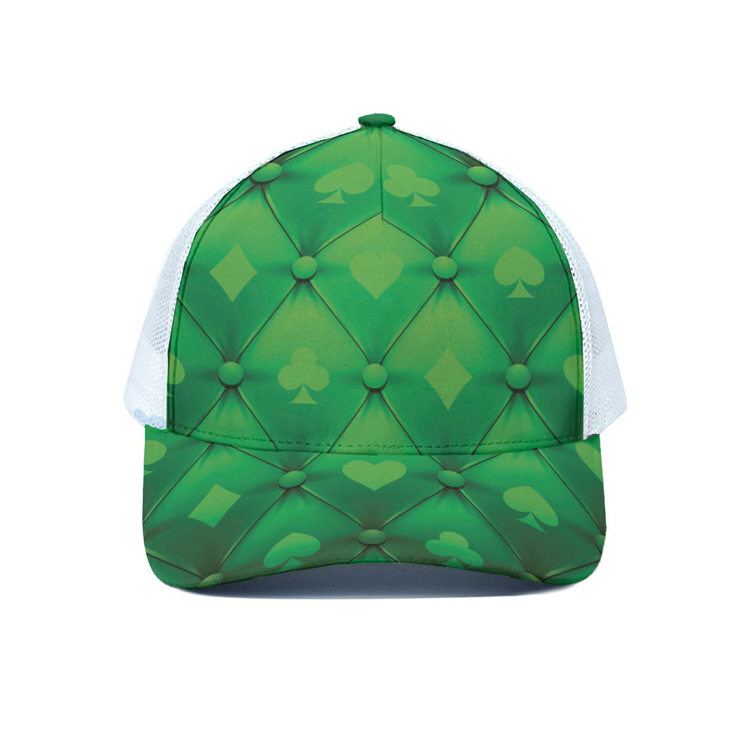 Green Playing Card Suits Pattern Print White Mesh Trucker Cap