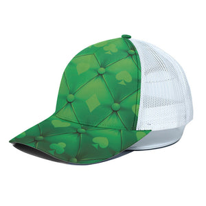 Green Playing Card Suits Pattern Print White Mesh Trucker Cap