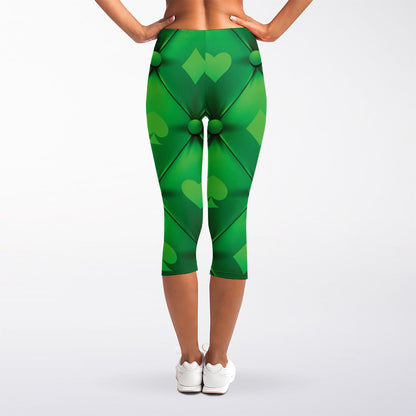Green Playing Card Suits Pattern Print Women's Capri Leggings