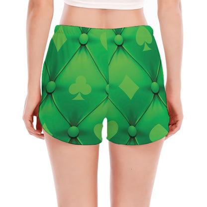 Green Playing Card Suits Pattern Print Women's Split Running Shorts