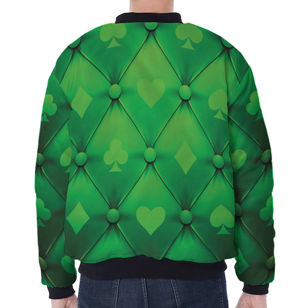 Green Playing Card Suits Pattern Print Zip Sleeve Bomber Jacket