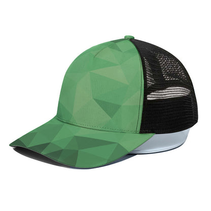 Green Polygonal Geometric Print Black Mesh Trucker Cap