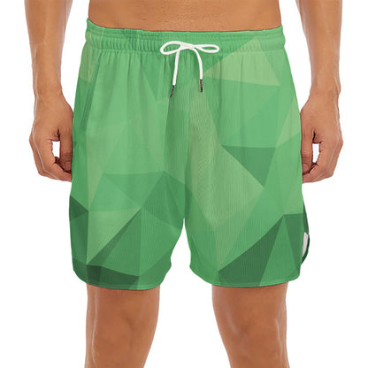 Green Polygonal Geometric Print Men's Split Running Shorts