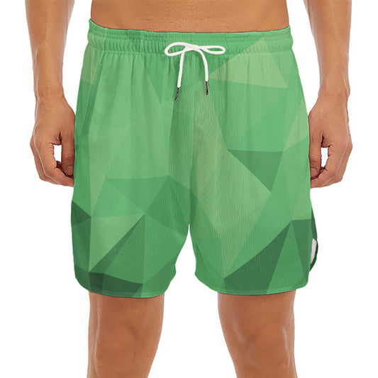 Green Polygonal Geometric Print Men's Split Running Shorts