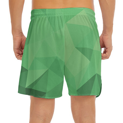 Green Polygonal Geometric Print Men's Split Running Shorts