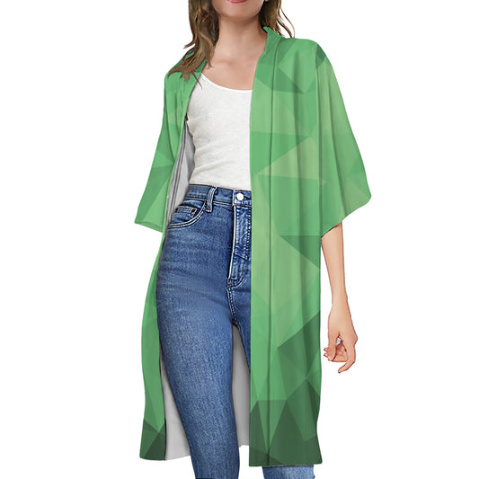 Green Polygonal Geometric Print Open Front Beach Cover Up