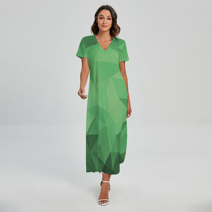 Green Polygonal Geometric Print Short Sleeve Maxi Dress