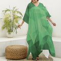 Green Polygonal Geometric Print Silk V-Neck Kaftan Dress