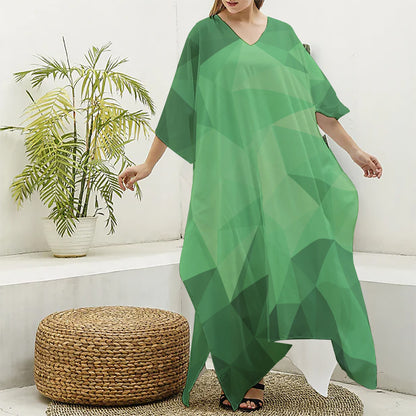 Green Polygonal Geometric Print Silk V-Neck Kaftan Dress