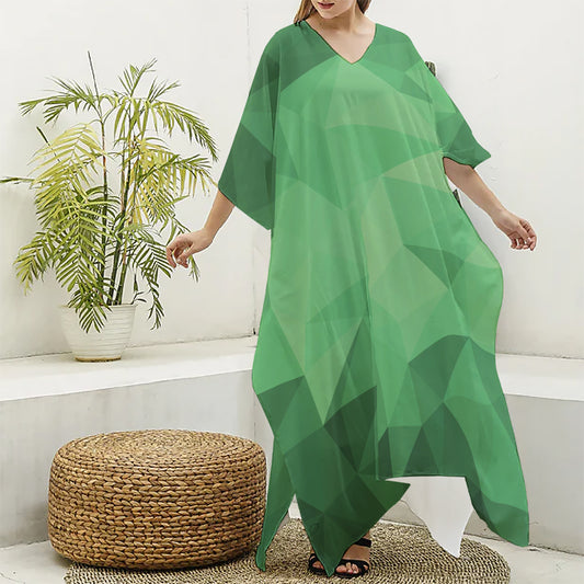 Green Polygonal Geometric Print Silk V-Neck Kaftan Dress