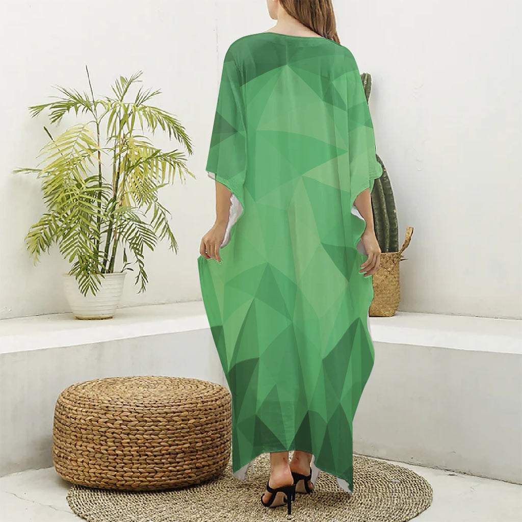 Green Polygonal Geometric Print Silk V-Neck Kaftan Dress