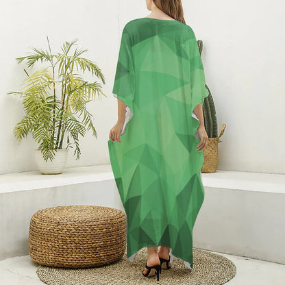 Green Polygonal Geometric Print Silk V-Neck Kaftan Dress
