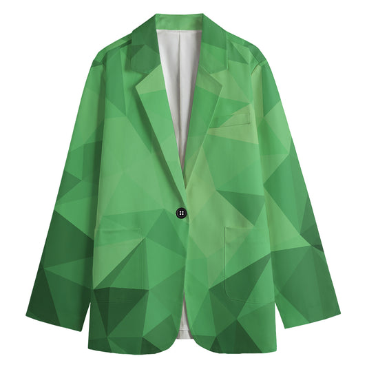 Green Polygonal Geometric Print Women's Cotton Blazer