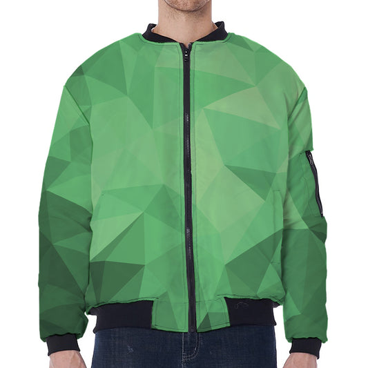 Green Polygonal Geometric Print Zip Sleeve Bomber Jacket