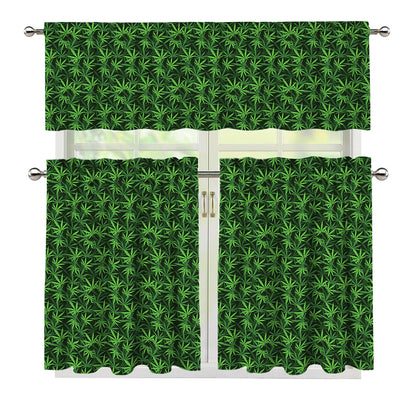 Green Pot Leaf Pattern Print 3 Piece Kitchen Curtains