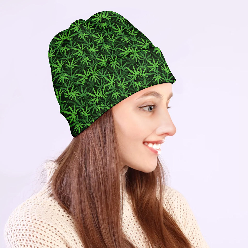 Green Pot Leaf Pattern Print Beanie