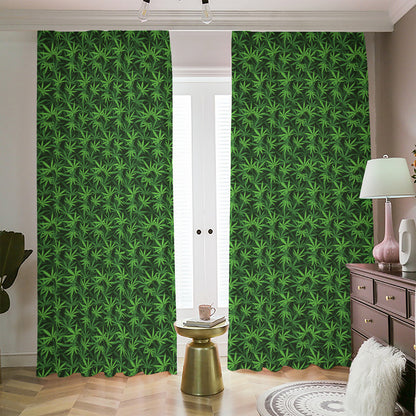 Green Pot Leaf Pattern Print Blackout Pencil Pleat Curtains