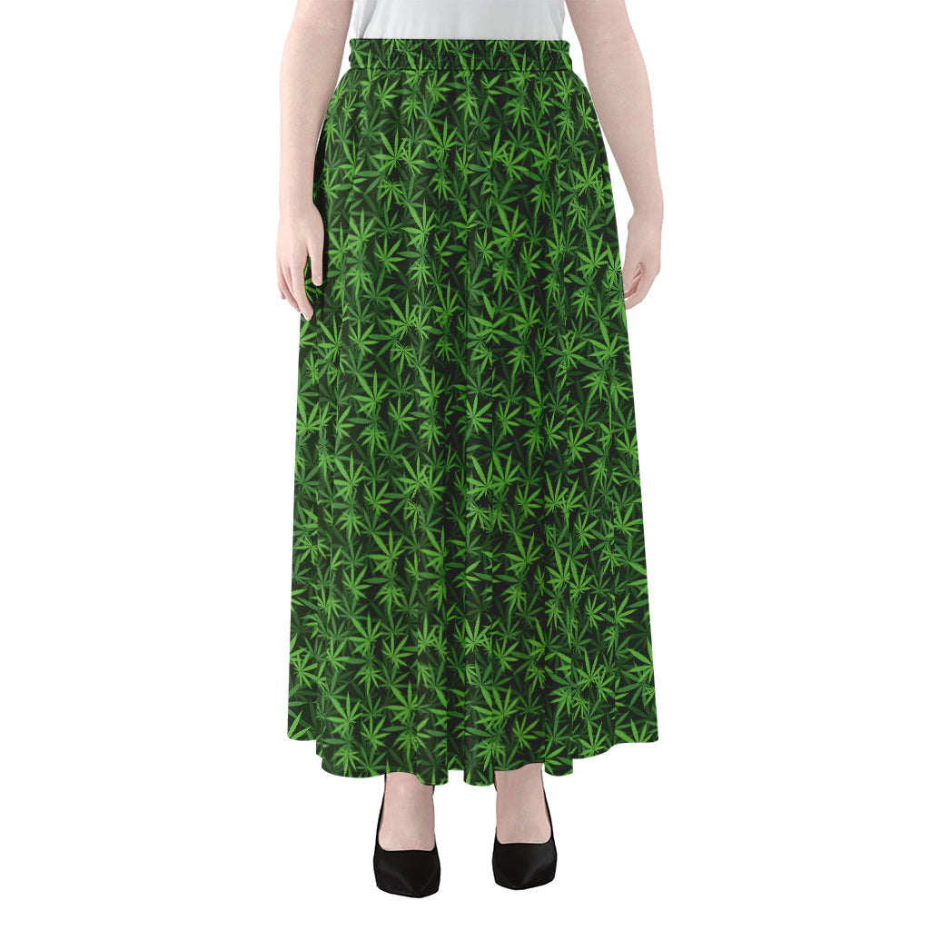 Green Pot Leaf Pattern Print Chiffon Maxi Skirt