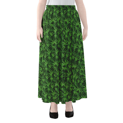 Green Pot Leaf Pattern Print Chiffon Maxi Skirt