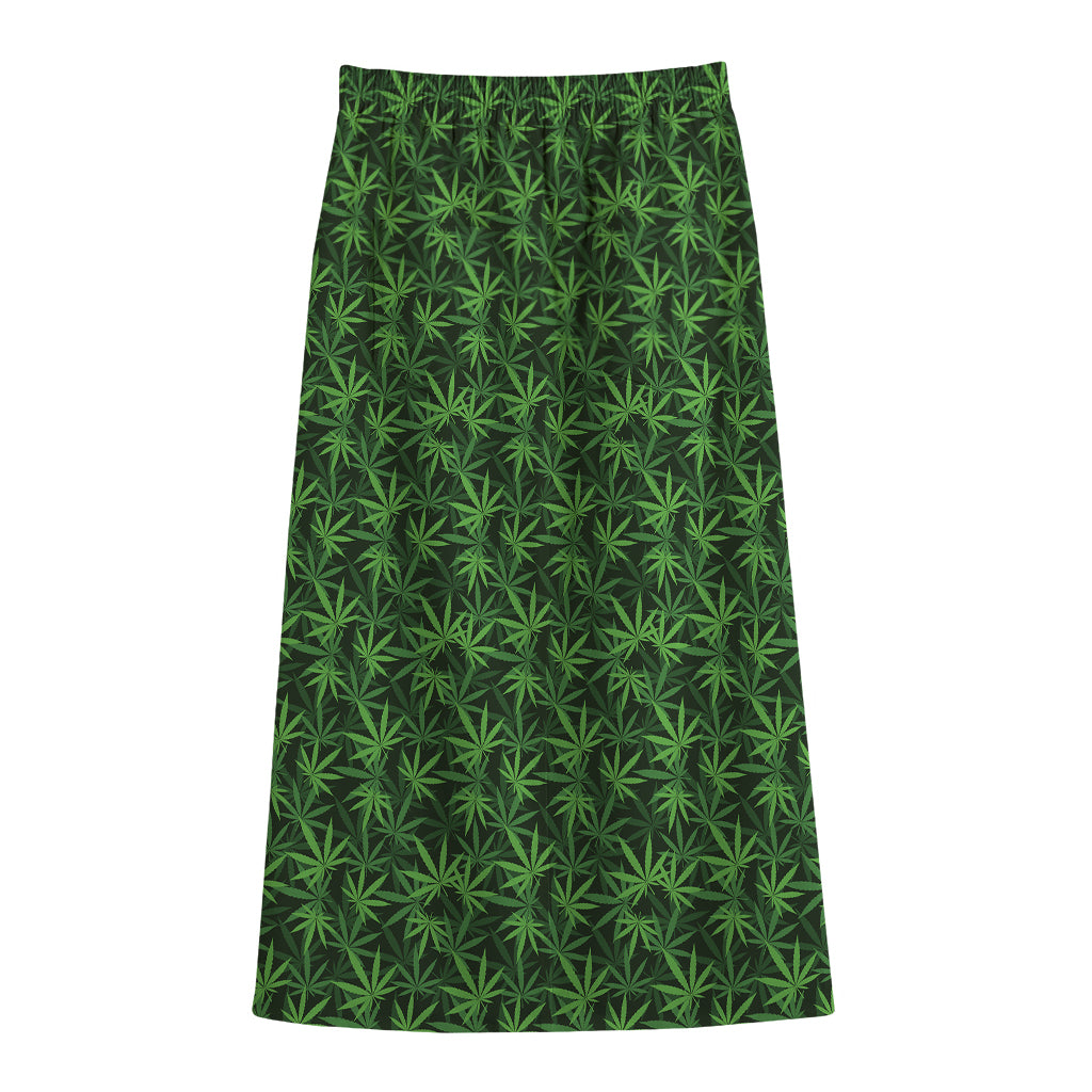 Green Pot Leaf Pattern Print Cotton Front Slit Maxi Skirt