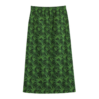 Green Pot Leaf Pattern Print Cotton Front Slit Maxi Skirt