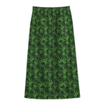 Green Pot Leaf Pattern Print Cotton Front Slit Maxi Skirt