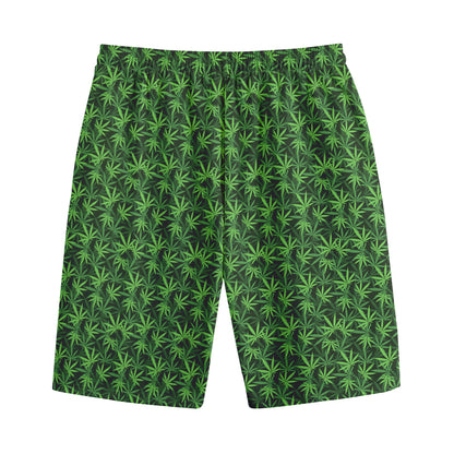 Green Pot Leaf Pattern Print Cotton Shorts