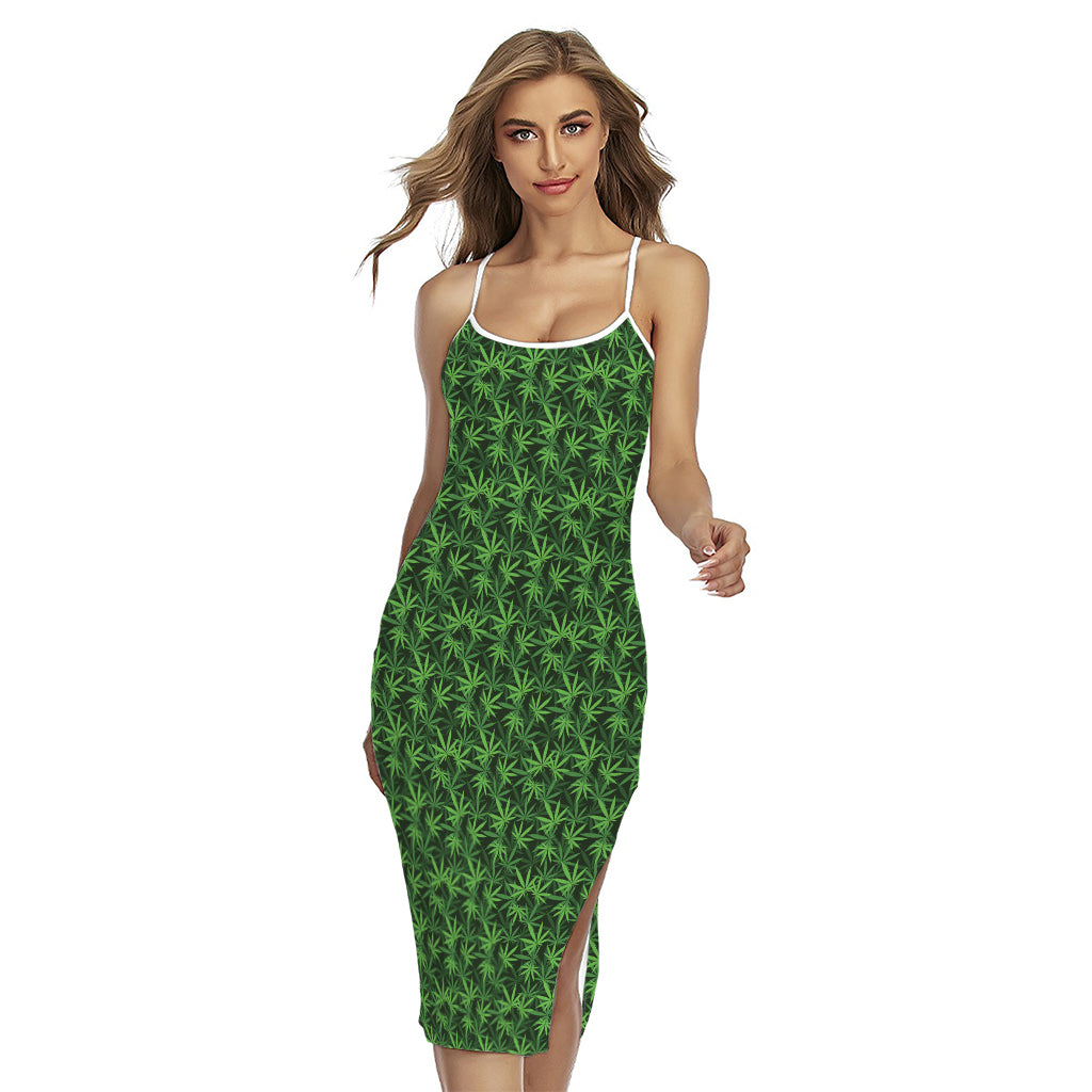 Green Pot Leaf Pattern Print Cross Back Cami Dress