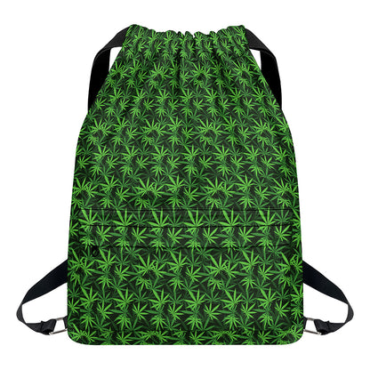Green Pot Leaf Pattern Print Drawstring Backpack