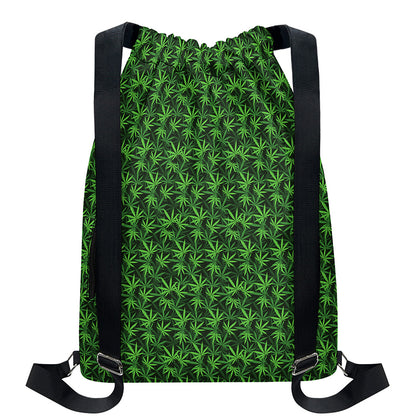 Green Pot Leaf Pattern Print Drawstring Backpack