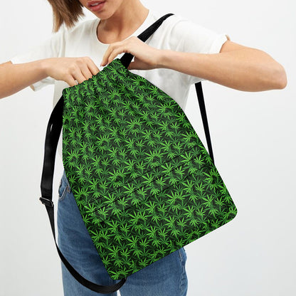 Green Pot Leaf Pattern Print Drawstring Backpack