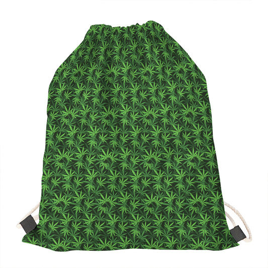 Green Pot Leaf Pattern Print Drawstring Bag