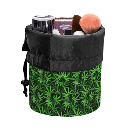 Green Pot Leaf Pattern Print Drawstring Makeup Bag
