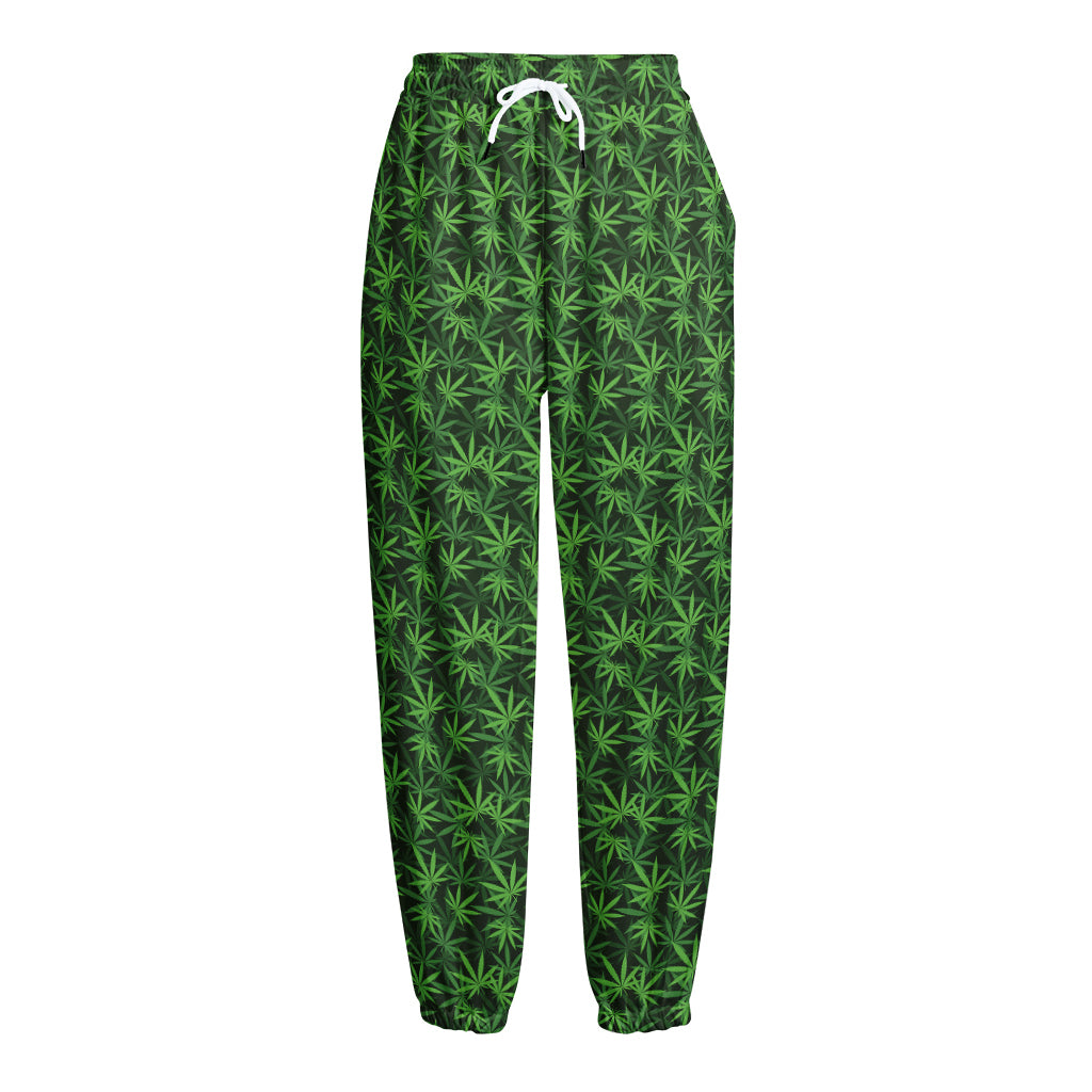 Green Pot Leaf Pattern Print Fleece Lined Knit Pants