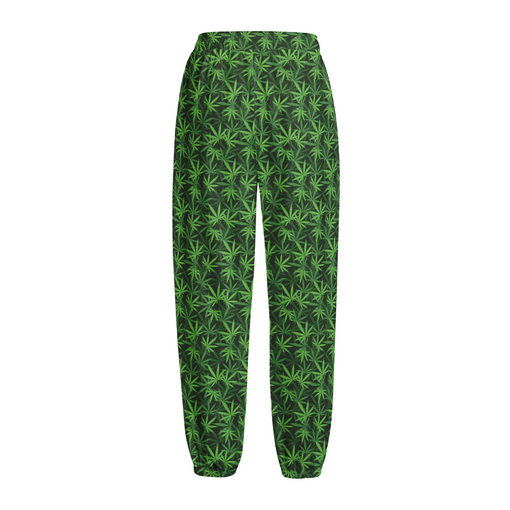 Green Pot Leaf Pattern Print Fleece Lined Knit Pants