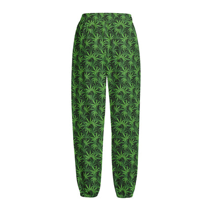 Green Pot Leaf Pattern Print Fleece Lined Knit Pants