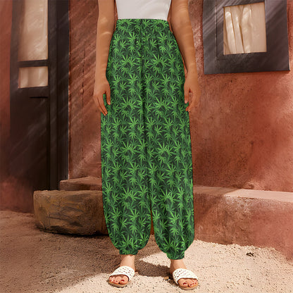Green Pot Leaf Pattern Print Harem Pants