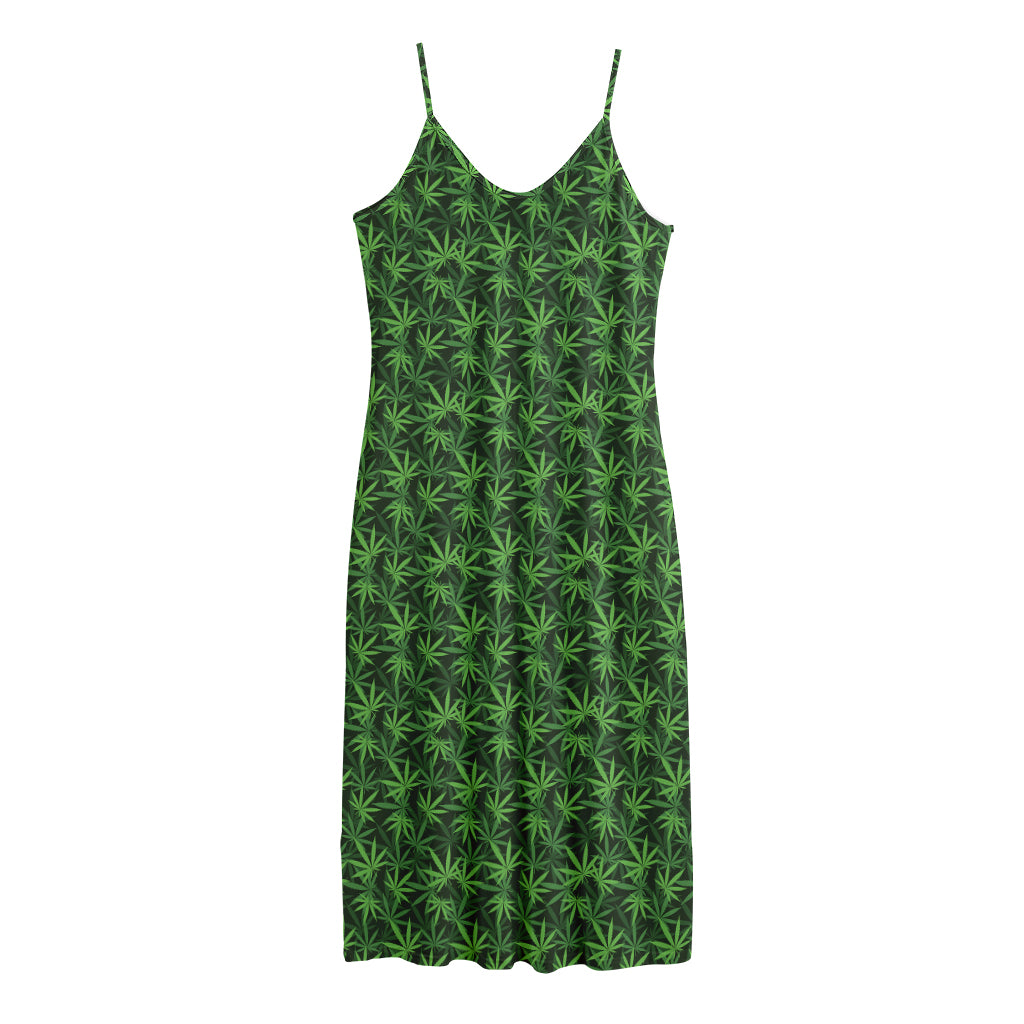 Green Pot Leaf Pattern Print Jersey Midi Cami Dress