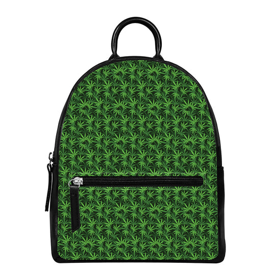 Green Pot Leaf Pattern Print Leather Backpack