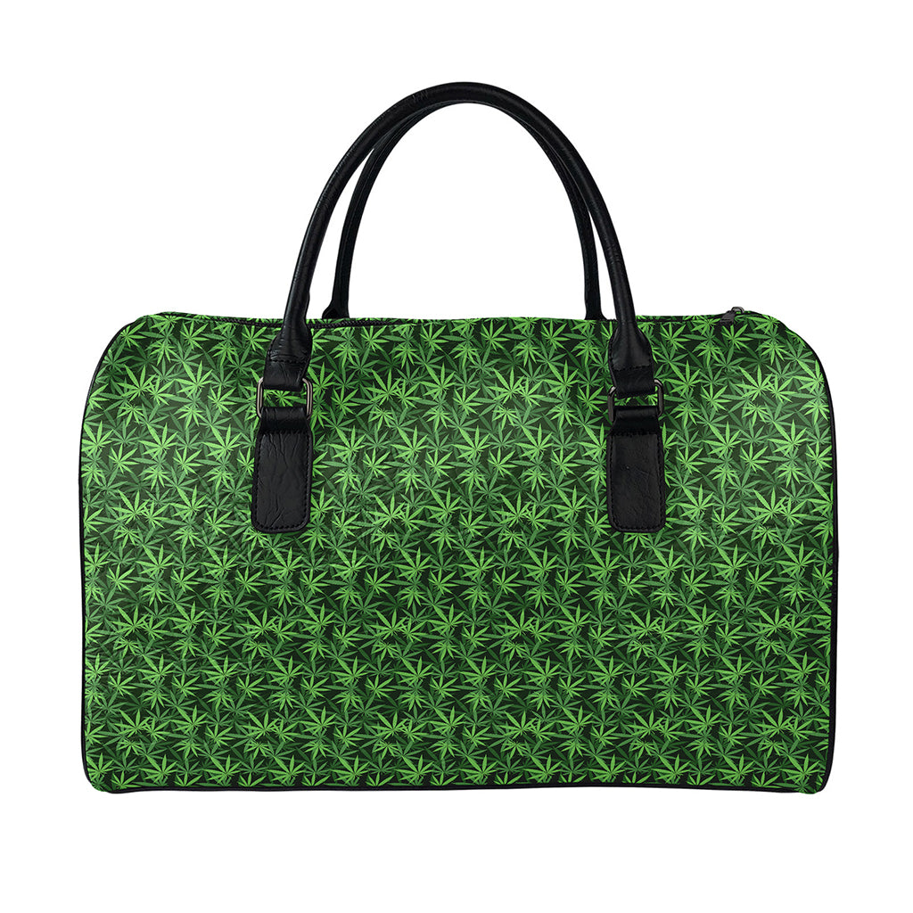 Green Pot Leaf Pattern Print Leather Duffle Bag