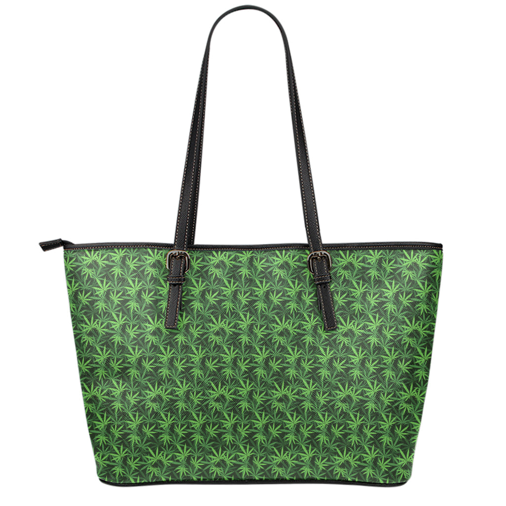 Green Pot Leaf Pattern Print Leather Tote Bag