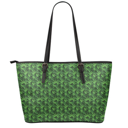 Green Pot Leaf Pattern Print Leather Tote Bag